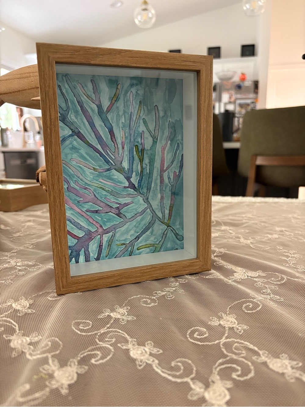 Wood Frame Watercolor Coral Art original- Aqua & Lavender